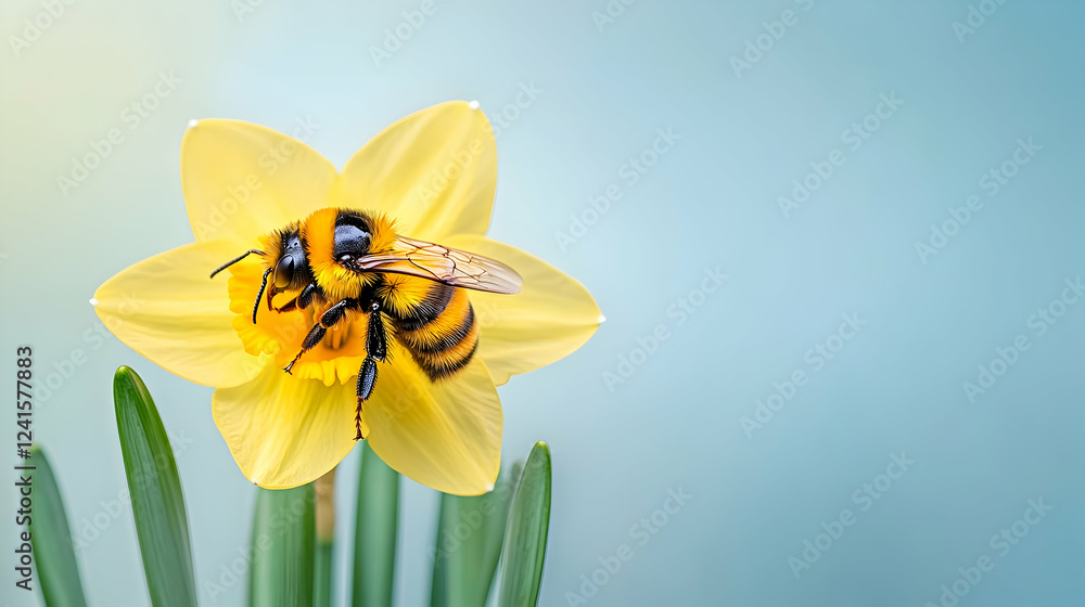 Poster bee pollinating a daffodil in spring; soft background