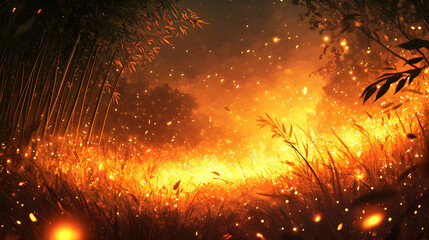 Naklejka premium Firefly-lit field fire in bamboo forest at night; fantasy background
