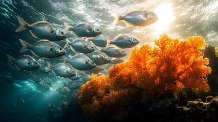 Fish school swimming near vibrant coral reef, sunlit ocean. Underwater nature scene for marine life documentaries