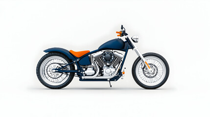 Fototapeta premium Blue custom motorcycle, side view, white background, studio shot, for automotive advertising