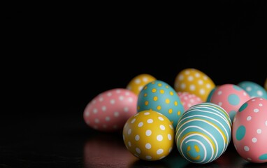 Obraz premium Chic mockup background with space for text featuring high-contrast neon-glowing Easter eggs arranged artistically against a sleek black backdrop for Easter