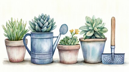 Fototapeta premium A charming watercolor illustration of potted succulents and a watering can, highlighting a serene gardening theme.