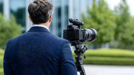 Businessman films corporate building exterior; green background, business video production