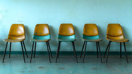 Five vintage chairs in a waiting room, pastel wall.  Medical or office setting