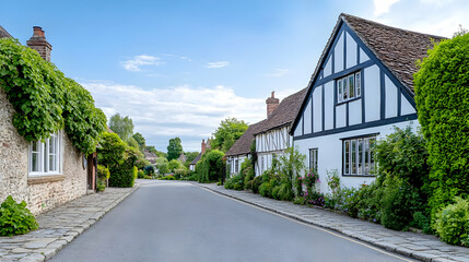 Charming English village street, quaint cottages, lush greenery, sunny day, idyllic scene; perfect for travel brochures