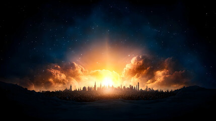 Cityscape sunrise, dramatic sky, hope concept, inspirational background, website header