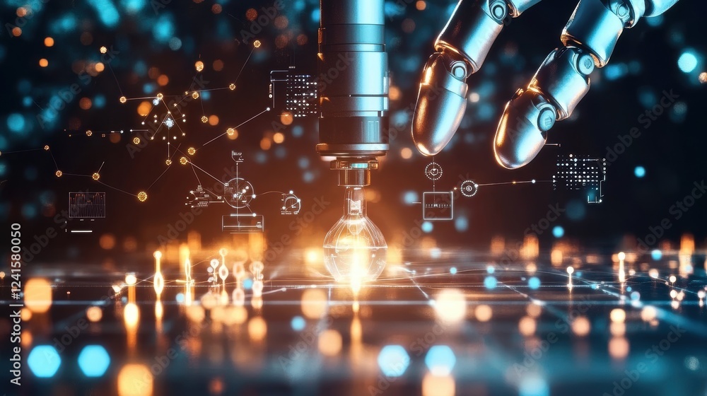 Poster robotic arm installing a light bulb surrounded by futuristic glowing digital data and diagrams, symb