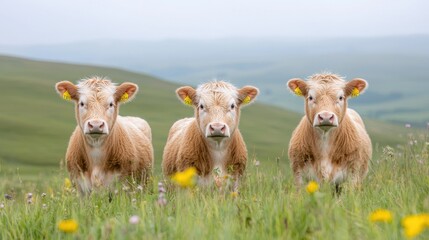 Fototapeta premium Three calves graze in a field, hills in background; farming image