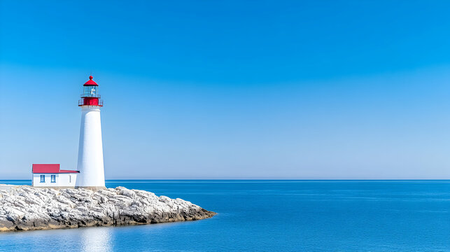 Coastal lighthouse on rocky shore, sunny day, calm ocean, clear sky; perfect for travel brochures