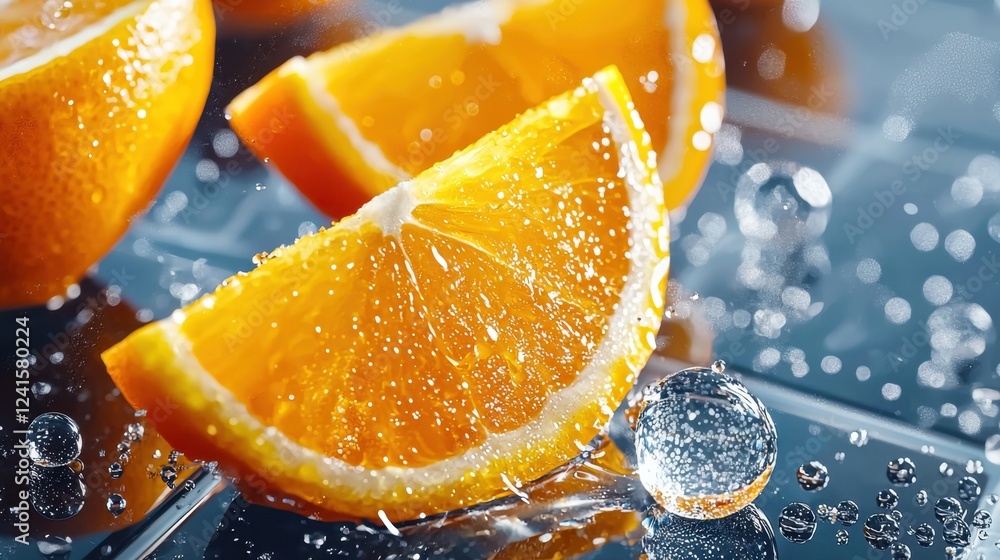 Poster a slice of orange is on a table with water droplets around it