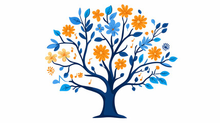 Colorful floral tree illustration, music notes, white background, spring design, ideal for greeting cards