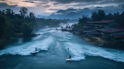 Fototapeta premium Surfers Riding Waves in a Scenic River Landscape