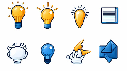 Colorful lightbulb and book icons; idea generation and learning concepts; white background; website design