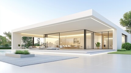 Modern white house, poolside, sunset view, luxury home design