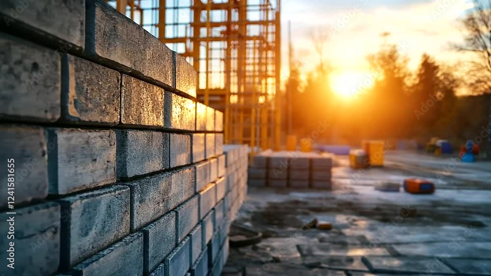 Poster interlocking concrete blocks neatly stacked in a construction area, with tools and scaffolding visib