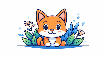 Cute orange kitten sitting amidst spring flowers and foliage; perfect for children's books or greeting cards