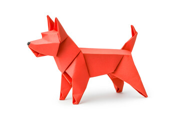 Brown paper origami dog isolated on white background