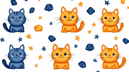 Cute orange and blue kittens pattern, stars and rocks background, ideal for kids' textile design