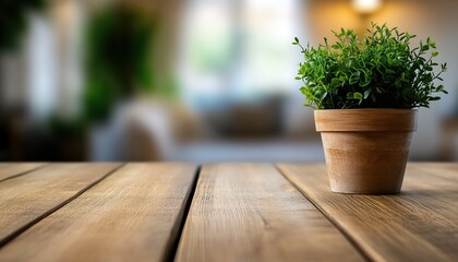 Fototapeta premium A small green plant in a wooden pot sits on a rustic table, with a blurred indoor background creating a cozy atmosphere.