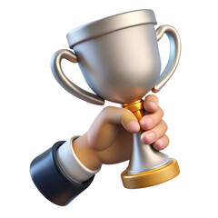 Human hand holding silver winner cup 3d illustration isolated on the transparent background