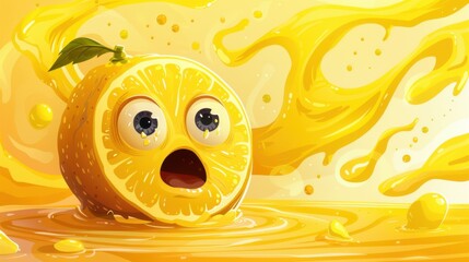 Playful cartoon lemon with a surprised look, yellow background with zesty swirls