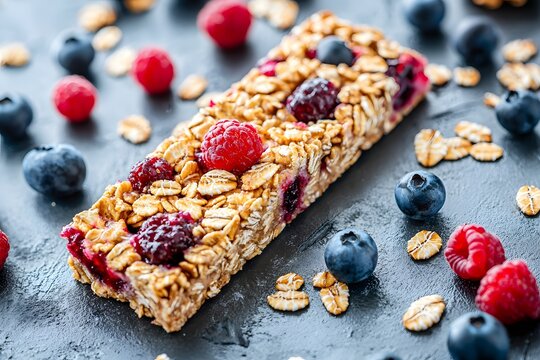 Delicious Granola Bar with Raspberries Blueberries and Oats on Dark Background
