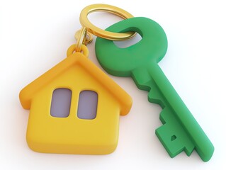 A colorful keychain featuring a green key and a yellow house-shaped fob, symbolizing home ownership and security.