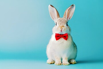 Obraz premium Rabbit wears a vibrant red bow tie against a bright blue background