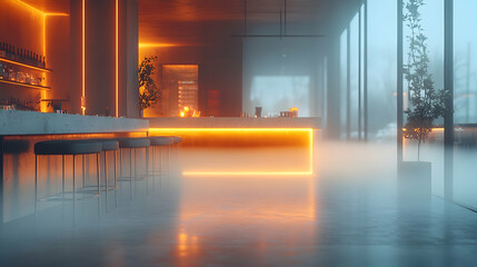 Foggy night bar interior, neon lights, city view, modern design, cocktail bar