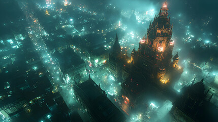 Naklejka premium Foggy Night Cityscape, Illuminated Temple, Aerial View, Festive Lights