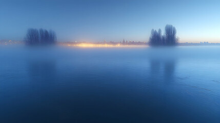 Fototapeta premium Foggy sunrise over calm river, city lights in distance, winter landscape, serene nature scene, ideal for travel or nature websites