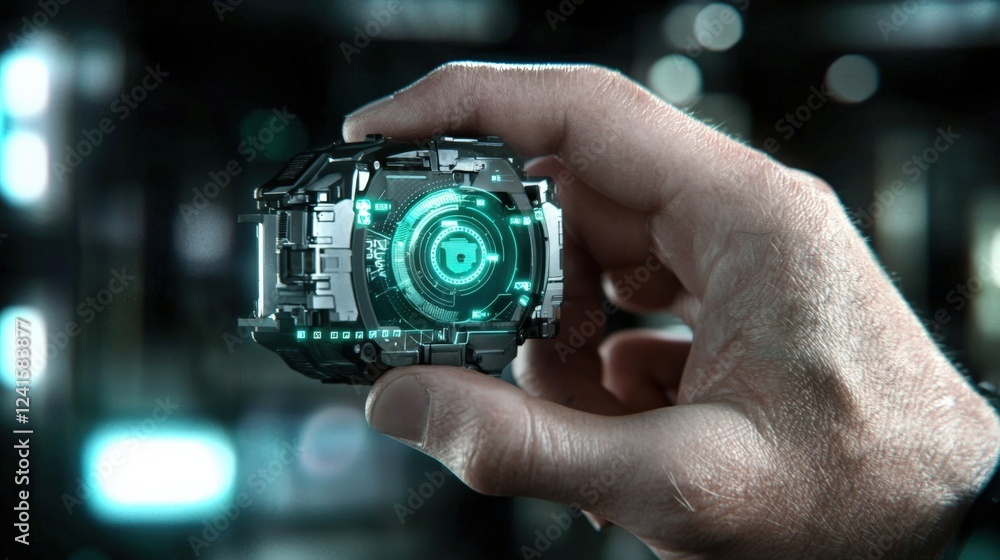 Poster futuristic technology demonstration handheld device display sci-fi setting digital art enhanced visu