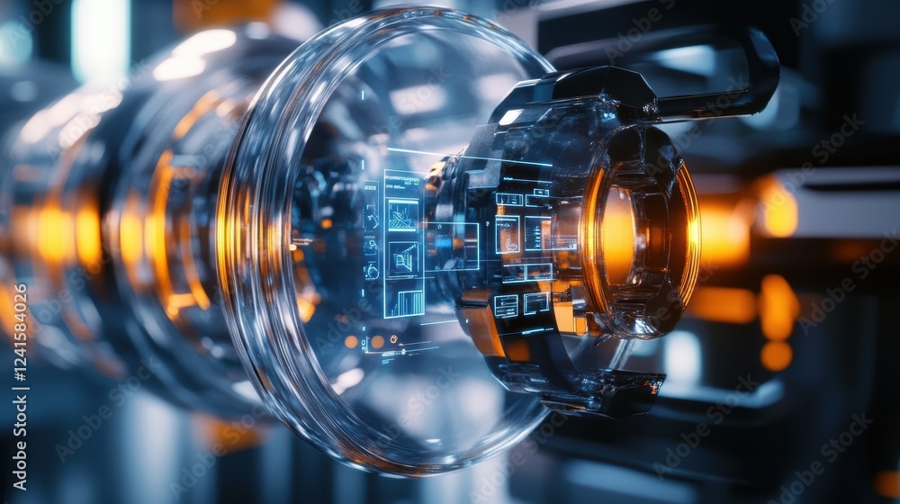 Poster futuristic machinery operates in an innovative manufacturing process, featuring a transparent casing