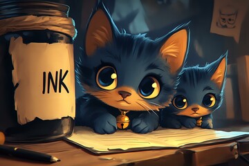 Curious black kittens with bright yellow eyes watching ink jar on wooden desk, dark moody atmosphere with paper sheets and artistic elements.