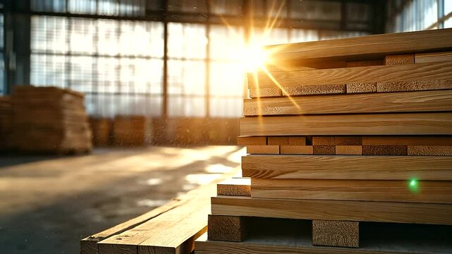 A clean stack of engineered wood panels on a pallet, bathed in warm sunlight streaming through industrial windows, showcasing their high-quality craftsmanship.
