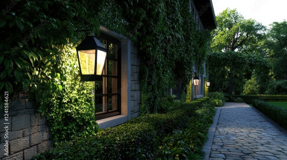 Poster a house with a large window and a lamp on the outside