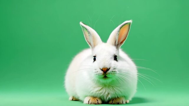 A fluffy white rabbit curiously investigates the area, its soft fur contrasting with a vivid green screen backdrop. The rabbit's movements are playful and endearing, showcasing its inquisitive nature.