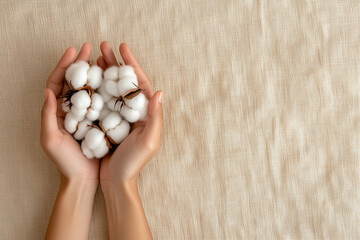 Cotton flowers in hands on beige fabric. Hands holding cotton flowers. Cotton flowers