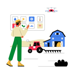 Smart Farming, Male Farmer Interacting With Digital Control Panel To Manage Agricultural Processes. Flat Vector Illustration About Modern Agriculture And IoT Farming, Isolated On White