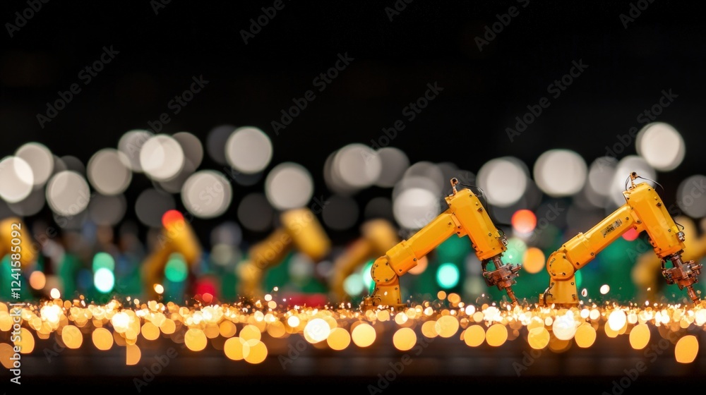 Poster automated robotic arms in action high-tech factory industrial photography vibrant bokeh background c