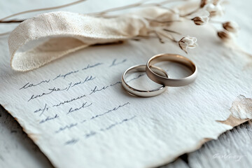 Two wedding rings rest on a handwritten letter.