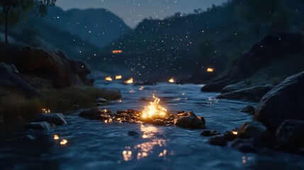 Tranquil River Campfire at Night with Soft Focus