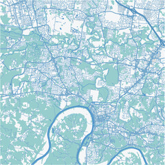 Map of Clarksville in Tennessee in a professional blue style. Contains layered vector with roads water, parks, etc.