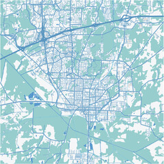Map of Jackson in Tennessee in a professional blue style. Contains layered vector with roads water, parks, etc.