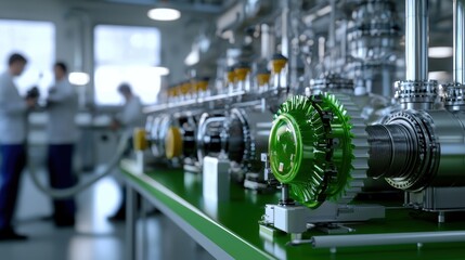 Fototapeta premium A group of people are working on a machine with a green gear