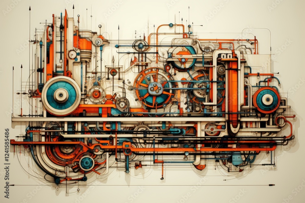 Poster abstract technical drawing with connected cylinders and curves in bright color on light background