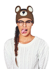Woman, funny face and tongue for humor, comedy and emoji or isolated on transparent png background....