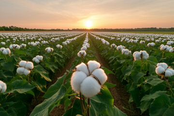 Cotton plants in field at sunset view. Rows of cotton plants with fluffy white bolls under a...
