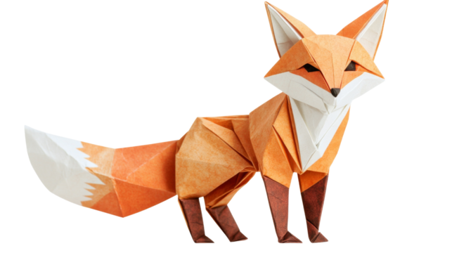 Origami fox standing on transparent background