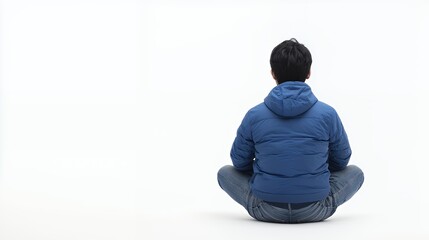 a young man in a blue jacket sitting on the floor 